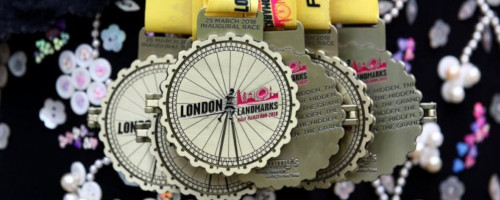 Close up of award winning London Landmarks Half Marathon medals | LLHM