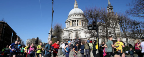 Runners passing St. Pauls Cathedral at the London Landmarks Half Marathon