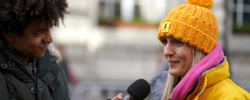 Presenter Radzi interviewing the London Landmarks Half Marathon race director.