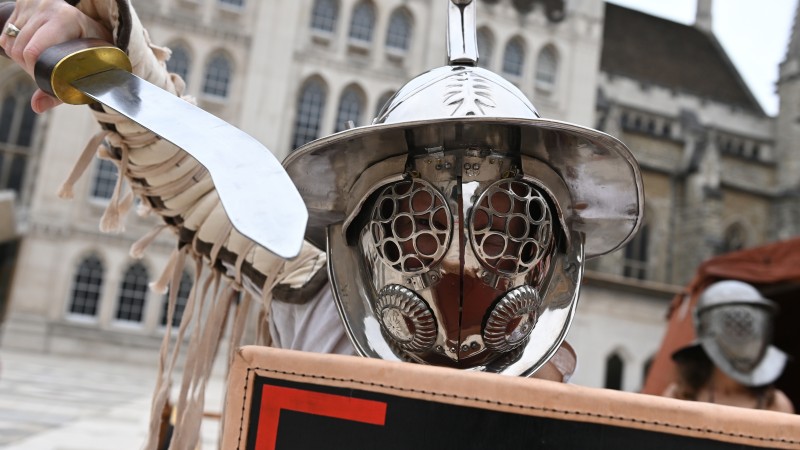 volunteer dressed as roman gladiator